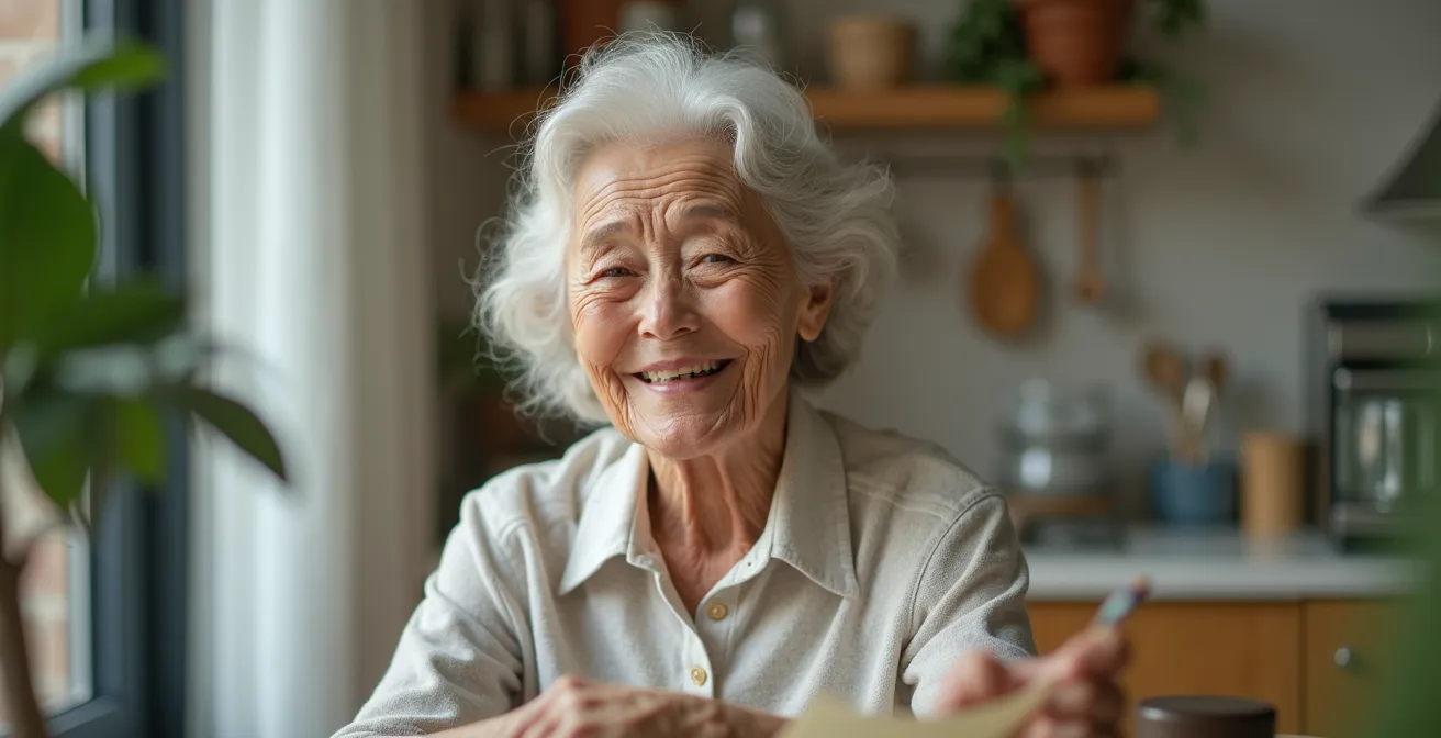 Elderly active person outdoors with natural light, clean background with negative space, embodying vitality and wellness