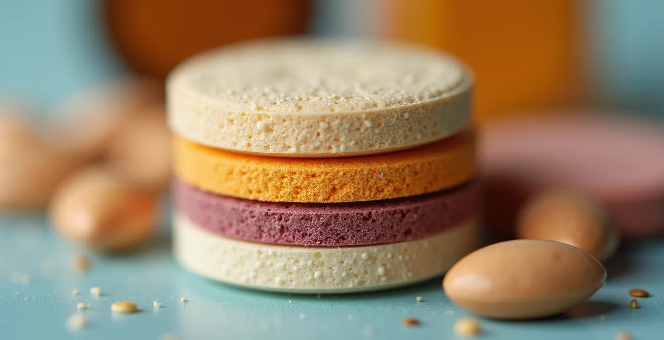 Close-up of multi-layered vitamin tablet surface texture representing probiotic and nutrient synergy