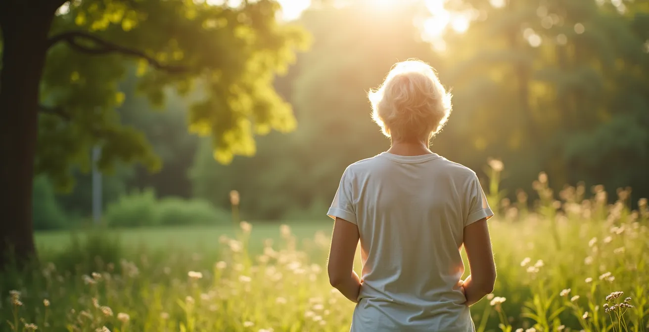 Elderly person in outdoor natural setting, reflecting harmony and healthy lifestyle