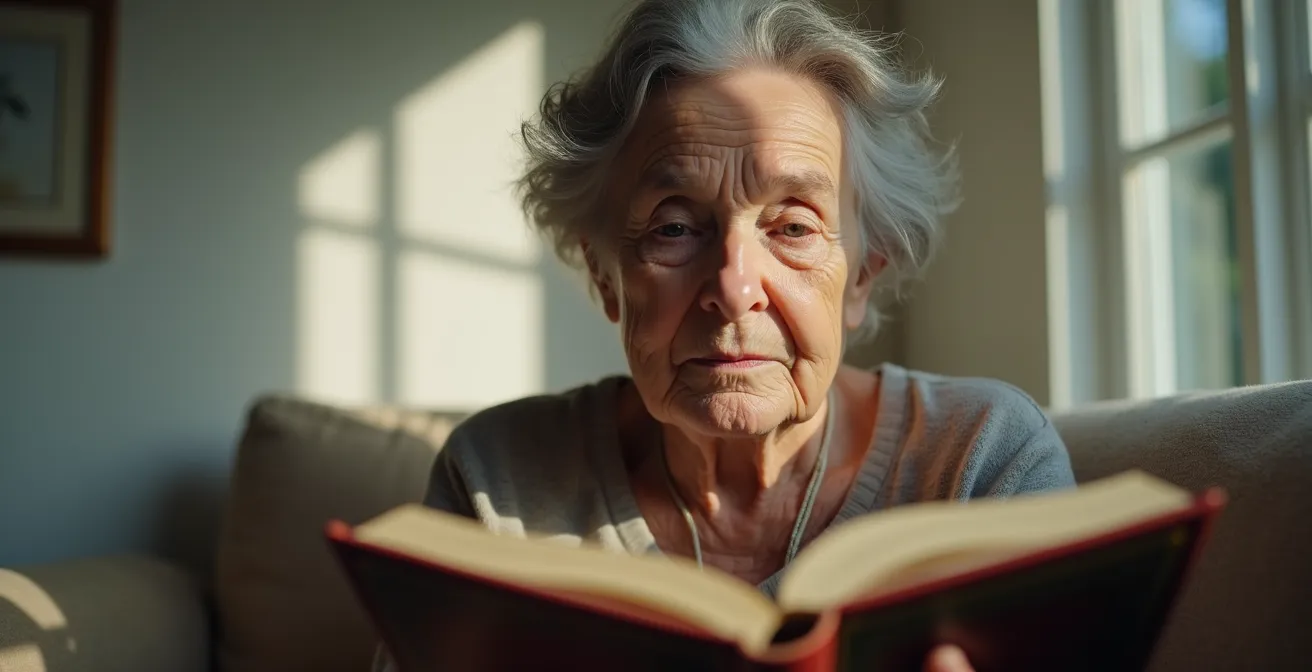 Elderly woman reading in natural soft light, symbolizing cognitive sharpness and vision health