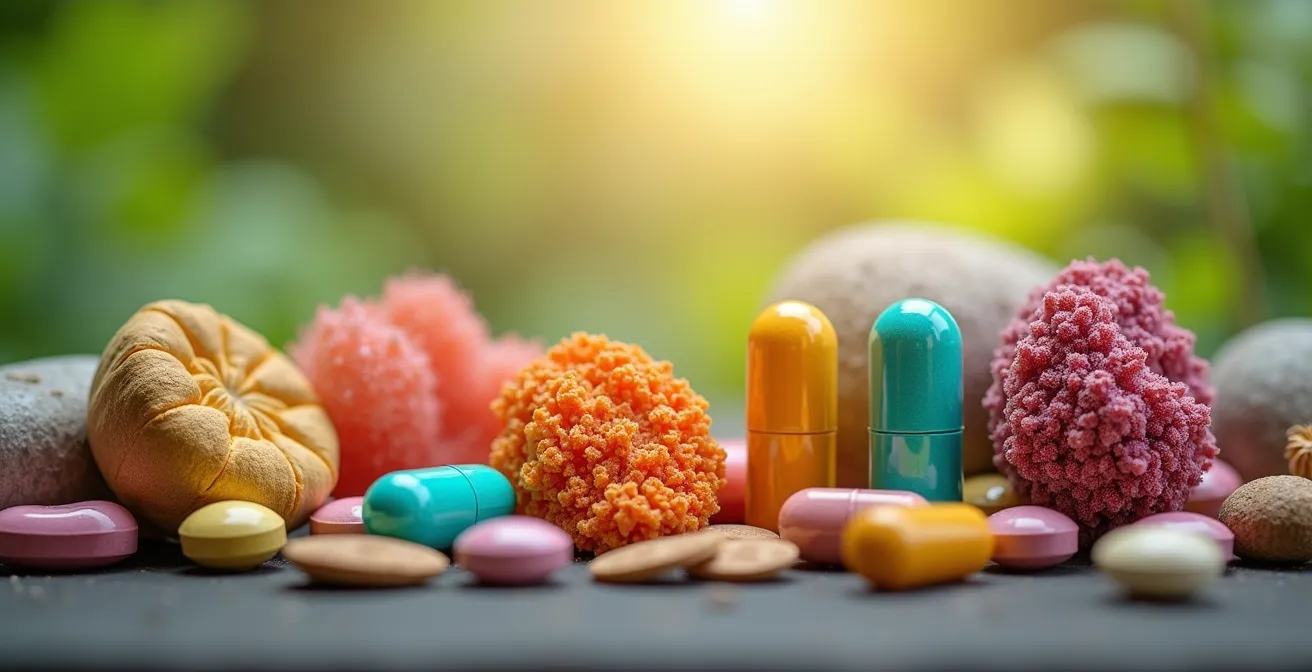 Illustration conceptuelle montrant la synergie entre vitamines, minéraux et probiotiques pour renforcer l'énergie et l'immunité