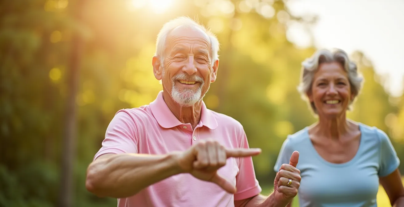 Illustration principale montrant des seniors dynamiques et en bonne santé, symbolisant la vitalité et l'immunité accrue après 50 ans