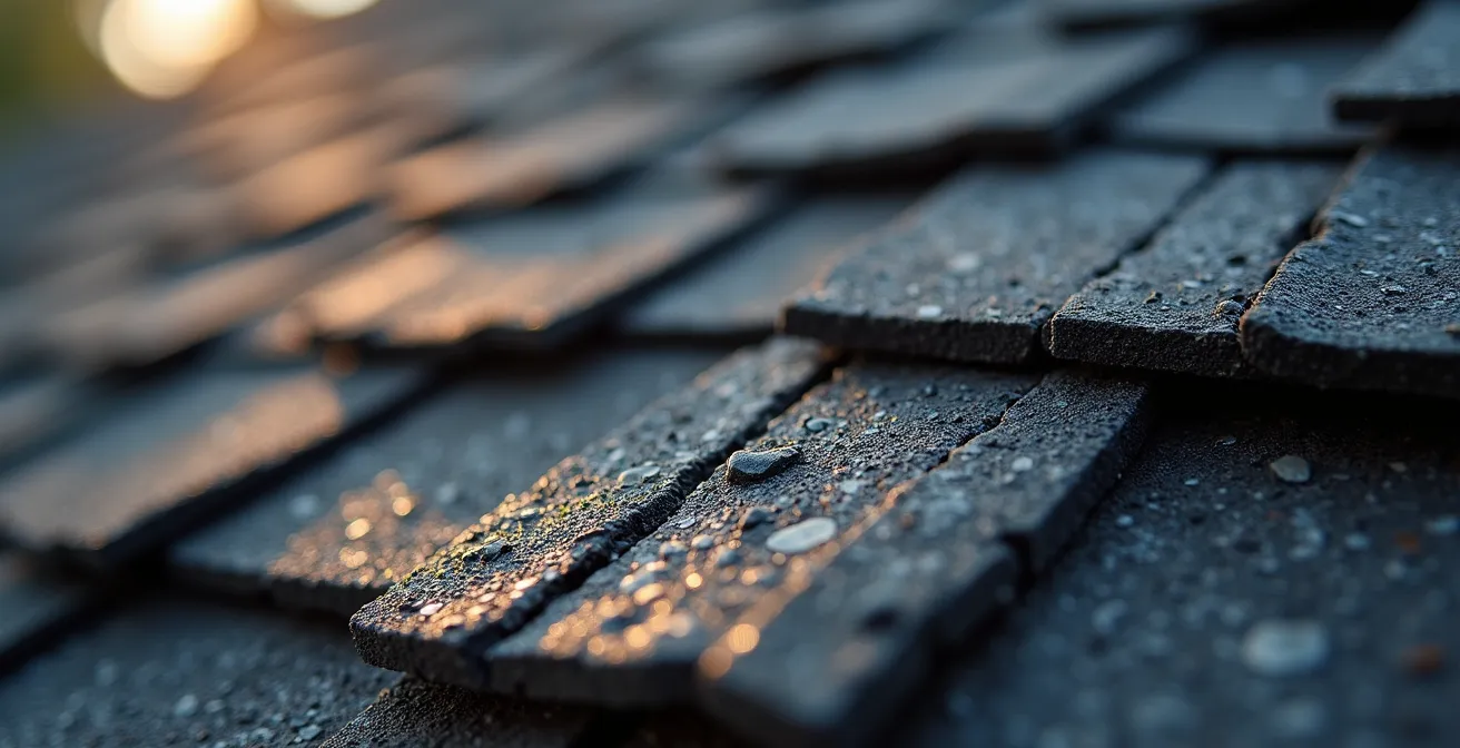 Extreme closeup of weathered roofing shingle showing UV damage texture