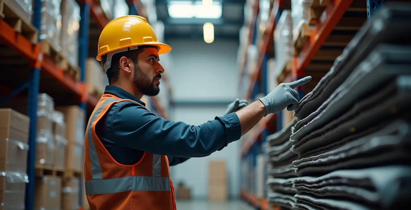 Roofing professional inspecting certification labels on material bundles