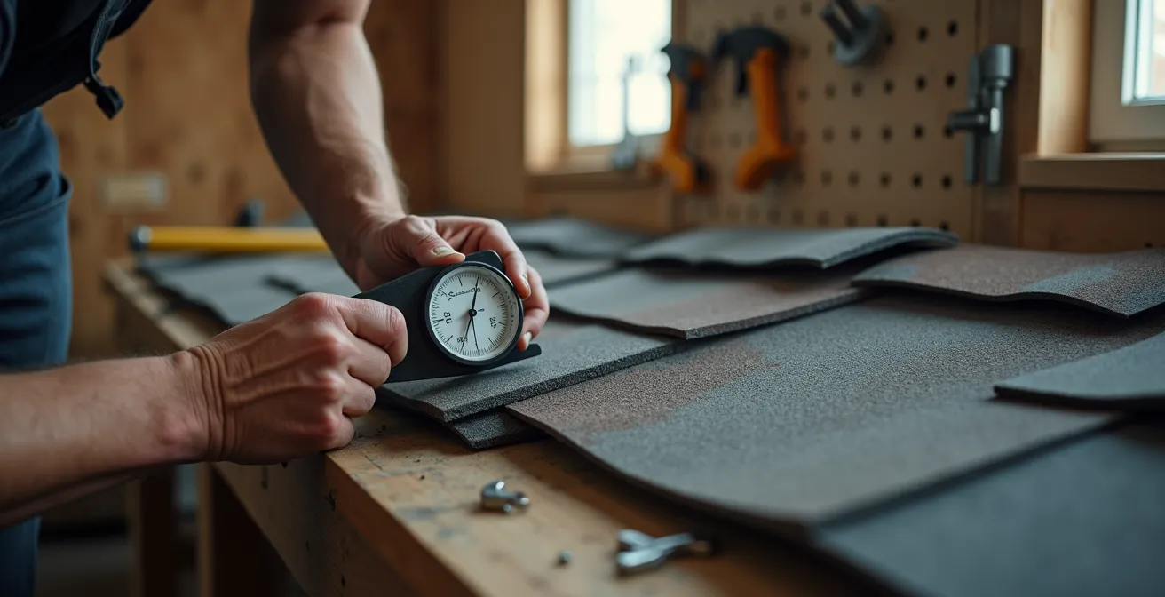 Professional roofer's hands examining roofing material samples with testing equipment