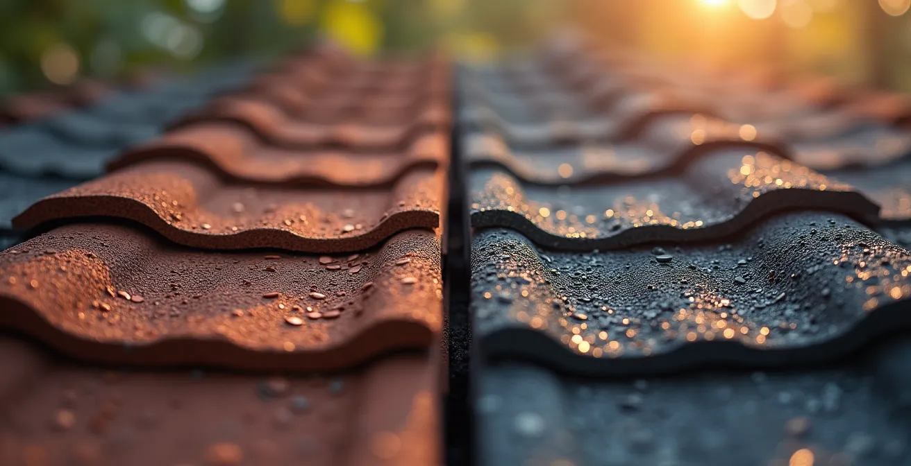 Macro shot of roofing material texture showing quality variance between premium and standard grades