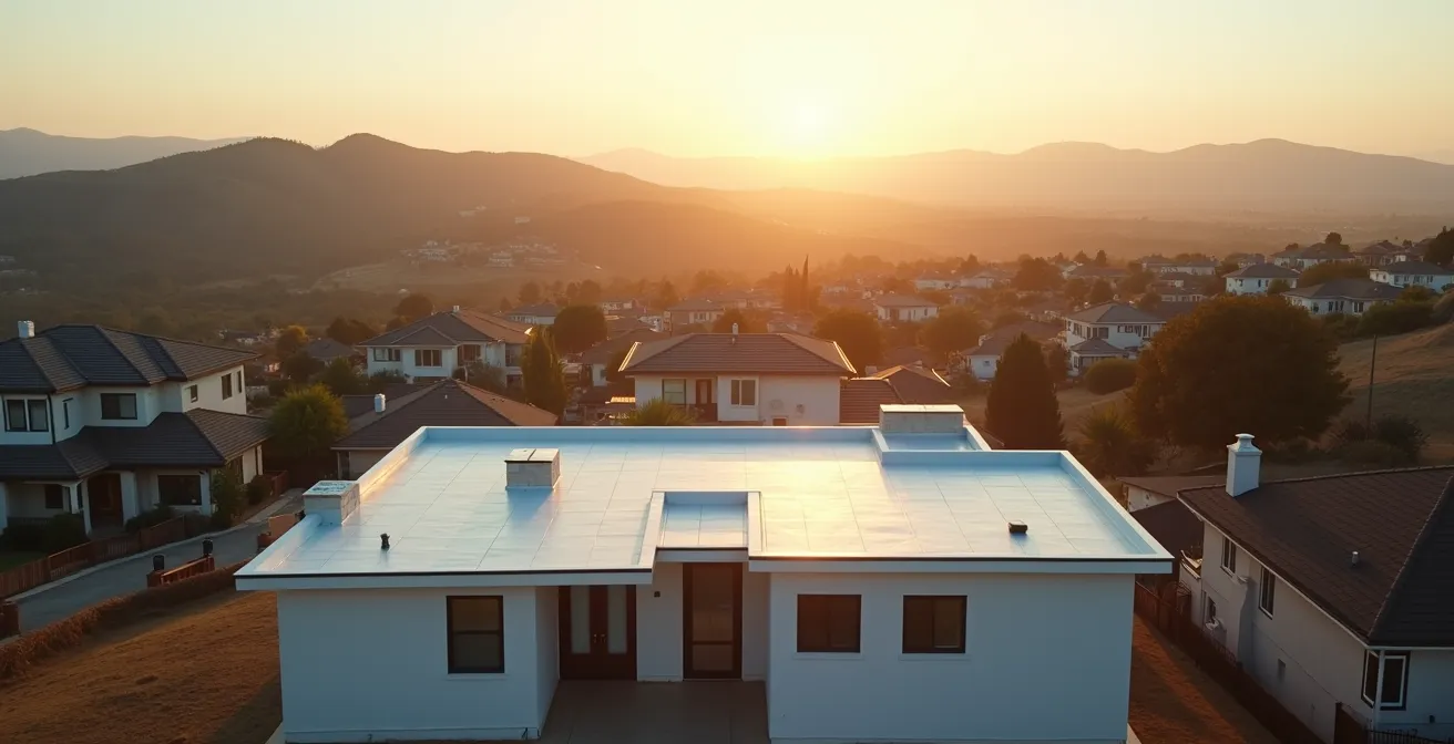 Wide view of completed residential roof installation in California neighborhood