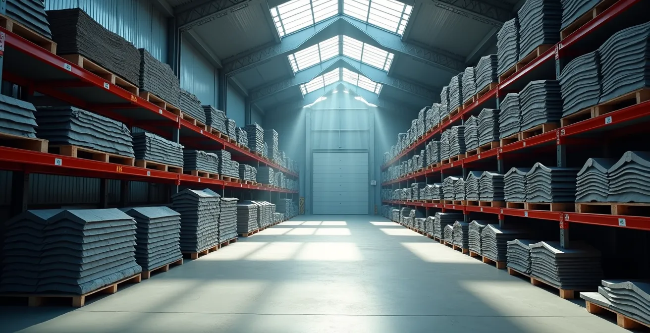 Wide angle view of organized roofing supply warehouse with systematic inventory arrangement