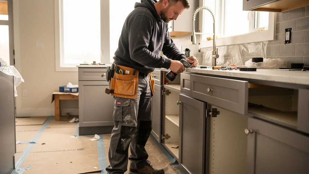 Skilled tradesperson installing cabinet hardware during Ottawa kitchen renovation