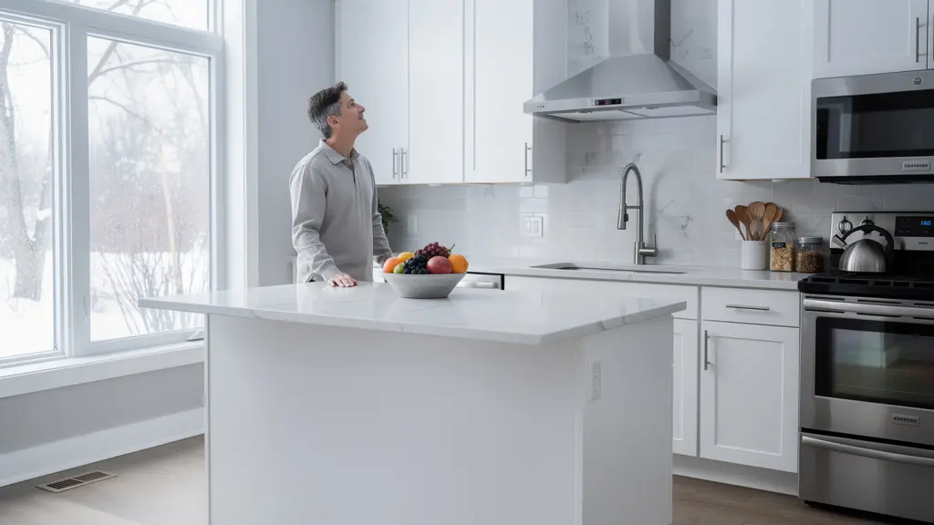 Ottawa homeowner admiring completed kitchen renovation with modern white cabinets